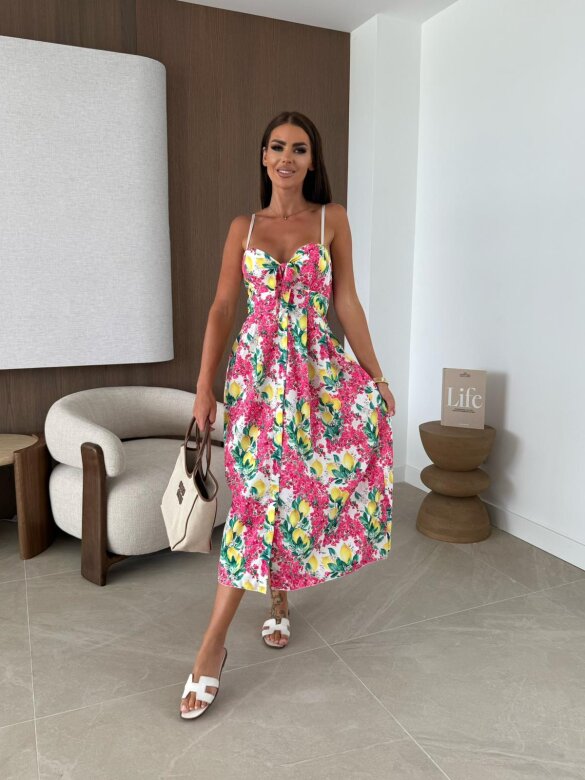 Sukiena Florita midi w cytryny różowo-żółta
