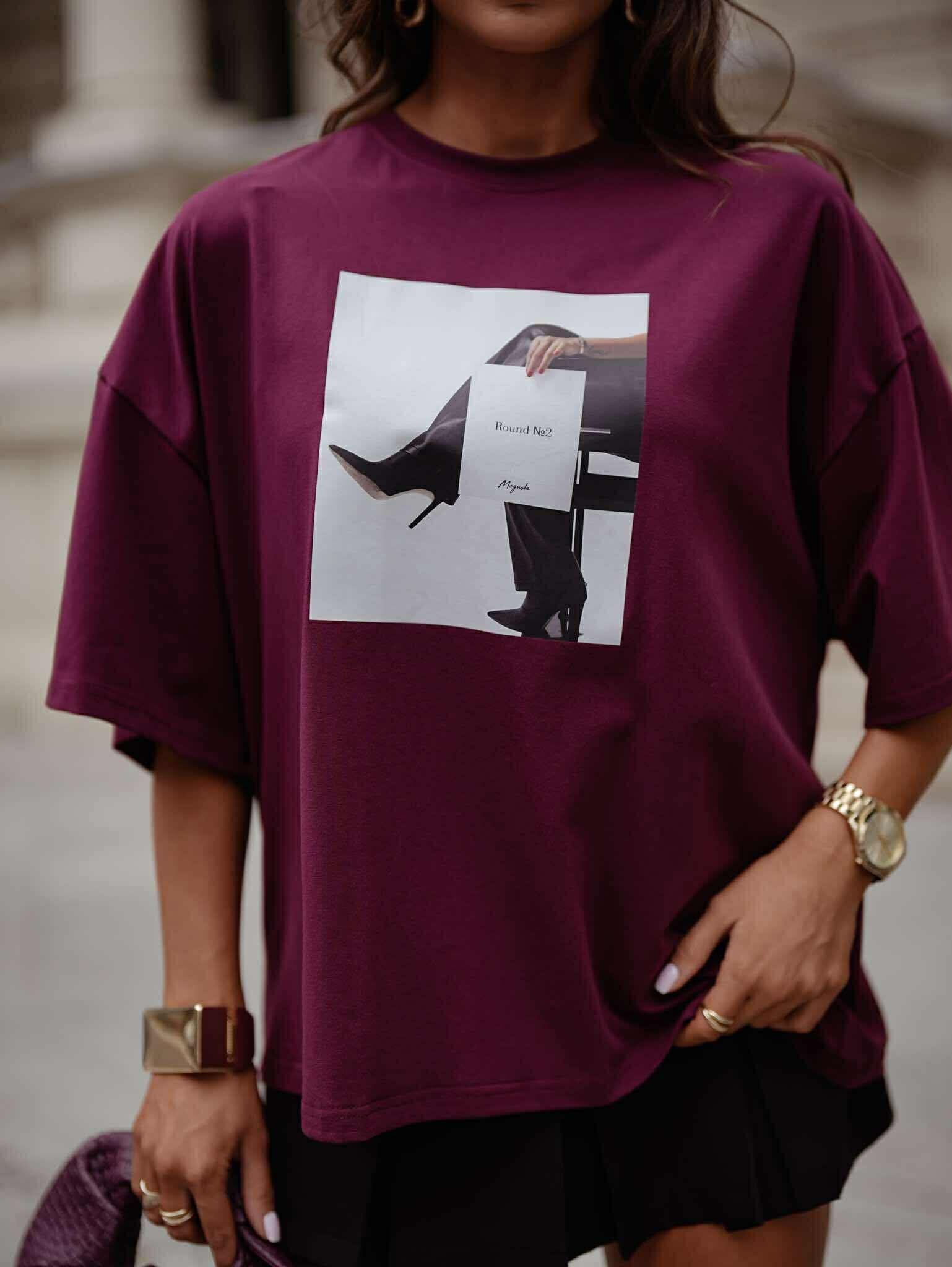 T-shirt Round bordowy 