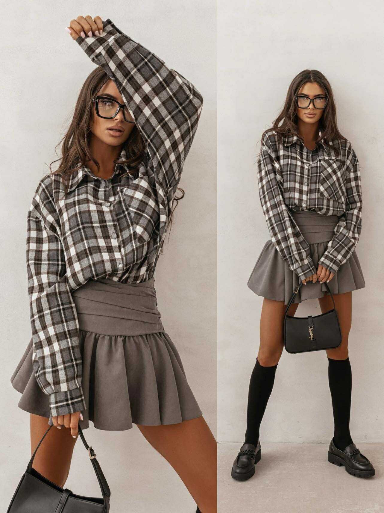 Koszula Roshe w kratę szaro-brązowa