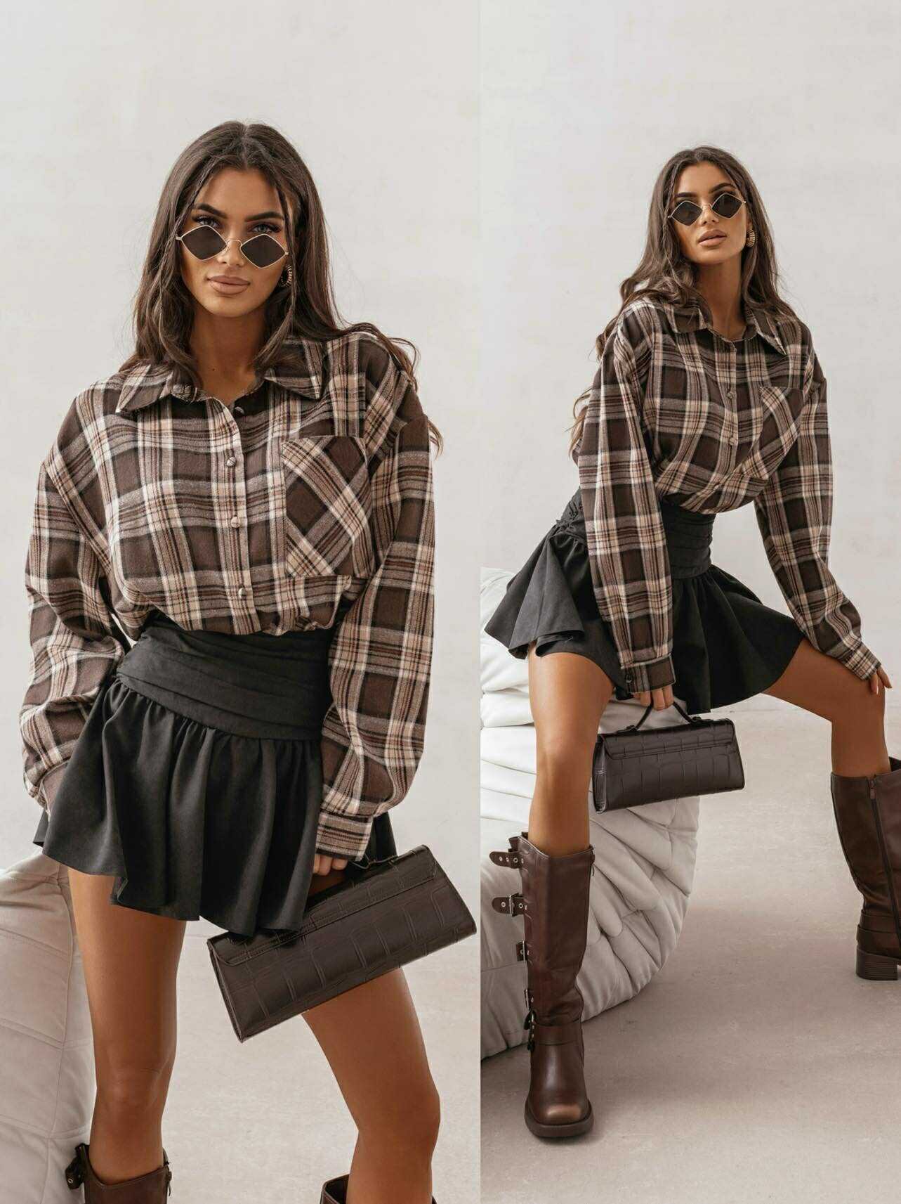 Koszula Roshe w kratę brązowo-beżowa