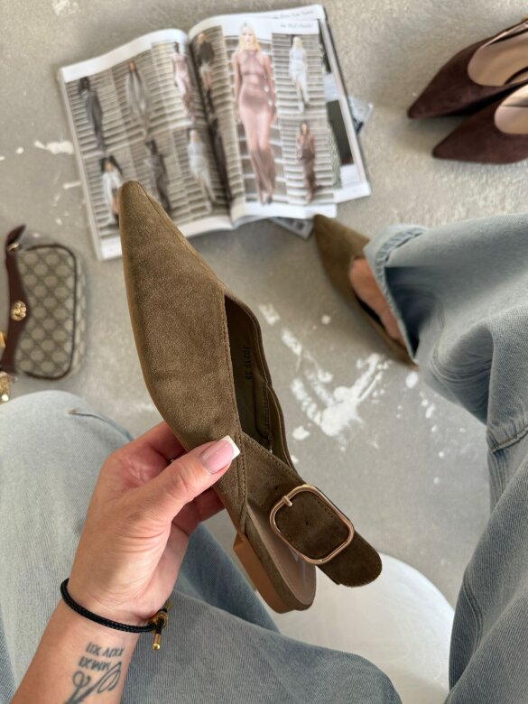 Baleriny Luo z odkrytą piętą khaki 