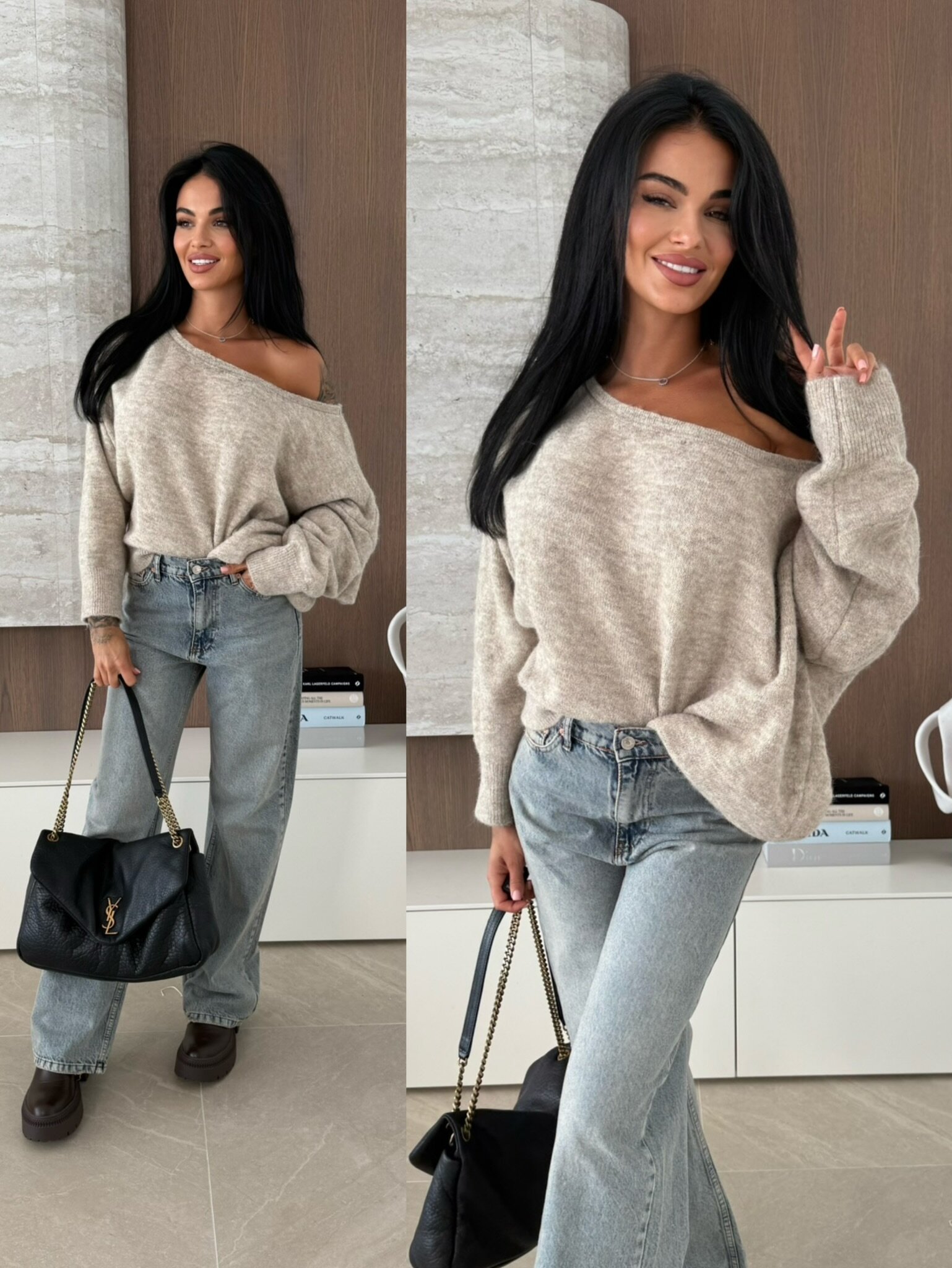 Sweter Damisse na jedno ramię melanż beż