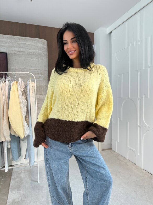 Sweter Lunni z domieszką wełny żółto-czekoladowy