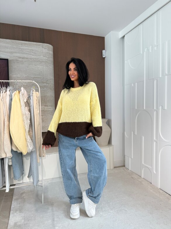 Sweter Lunni z domieszką wełny żółto-czekoladowy