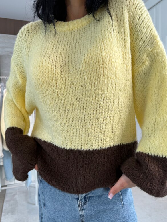 Sweter Lunni z domieszką wełny żółto-czekoladowy