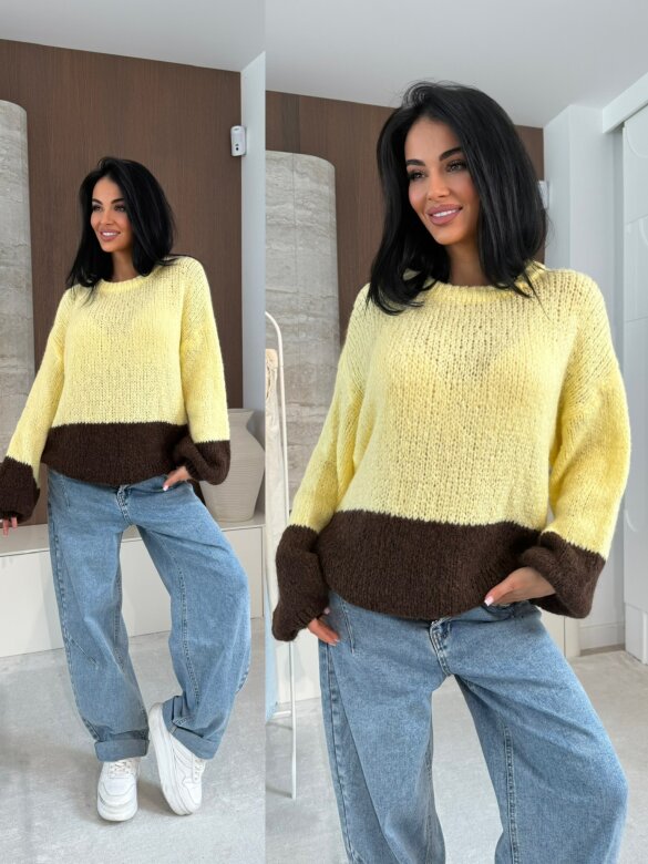 Sweter Lunni z domieszką wełny żółto-czekoladowy