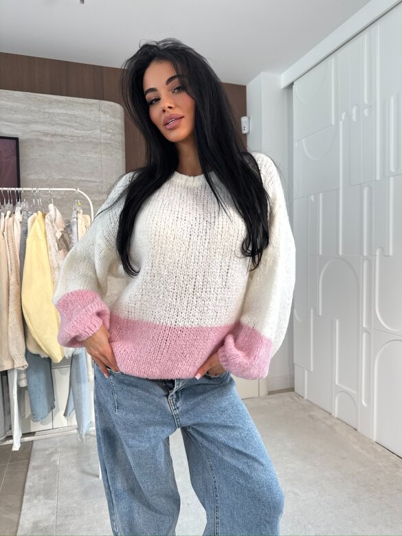 Sweter Lunni z domieszką wełny ecru-pudrowy