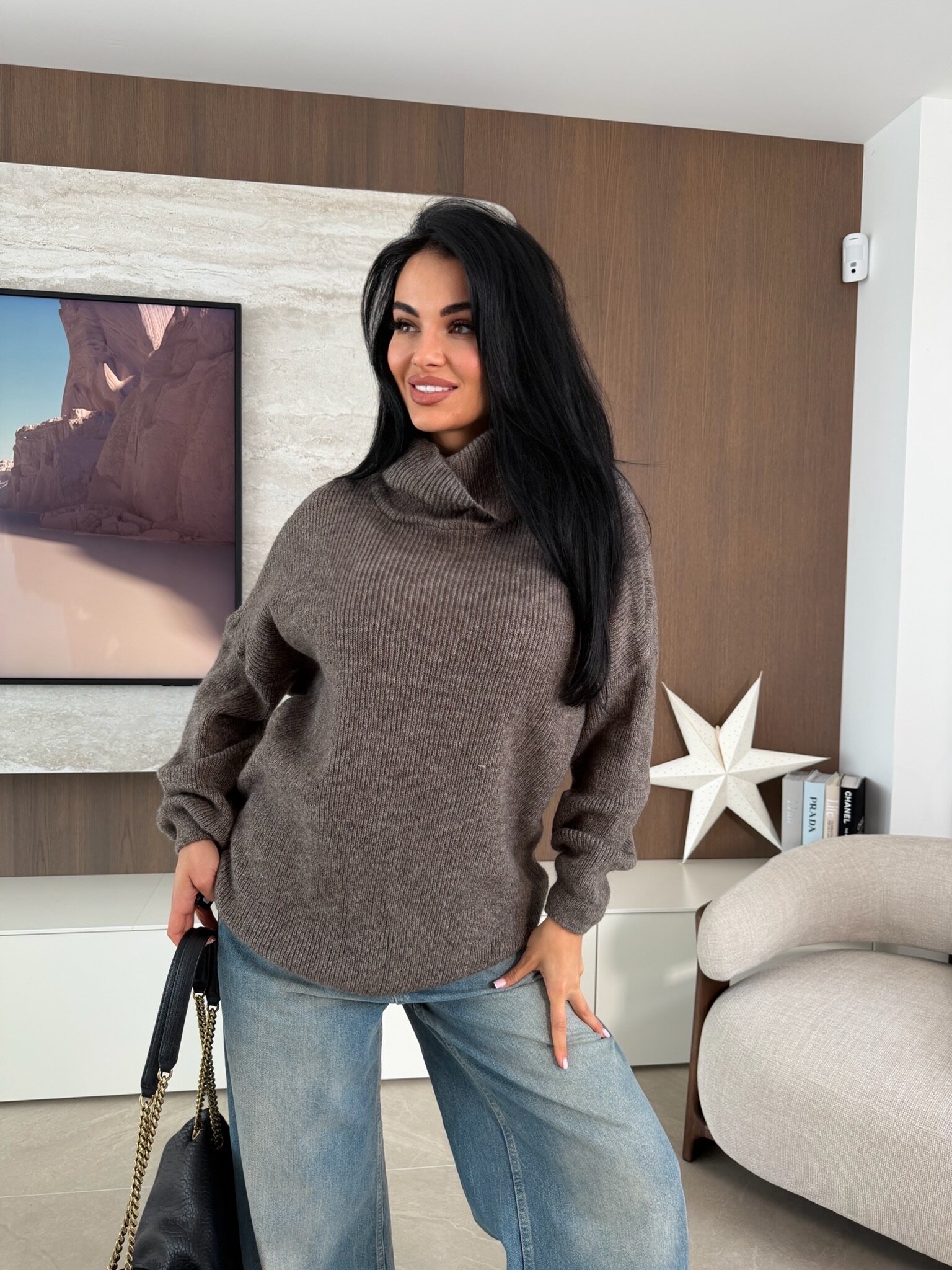 Golf Warm Look z wełną i alpaką brązowy 