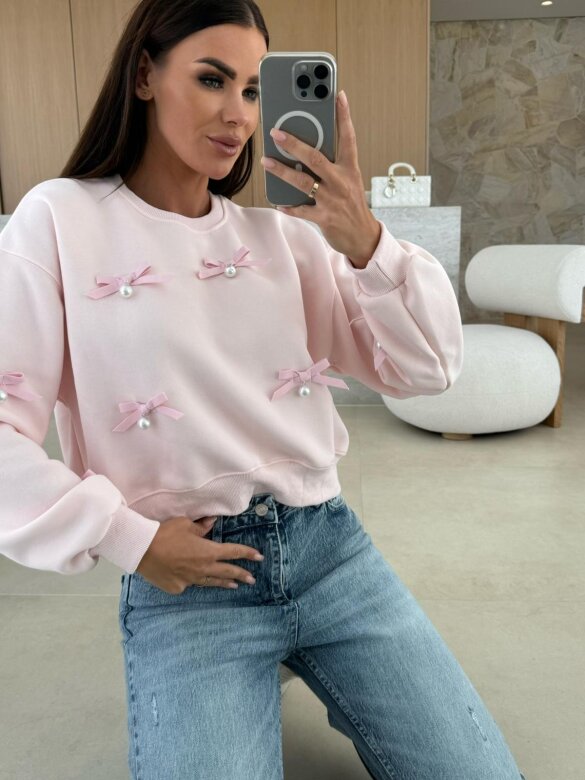 Bluza Excellent z kokardkami pudrowa 