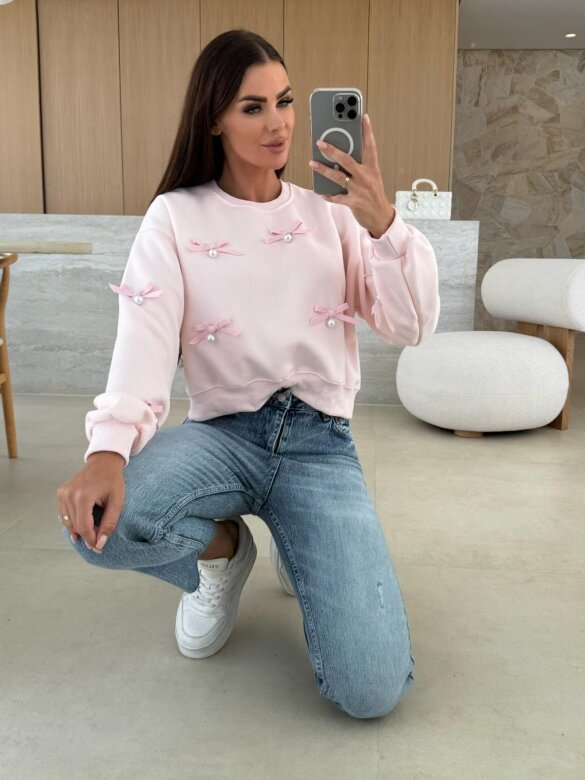 Bluza Excellent z kokardkami pudrowa 