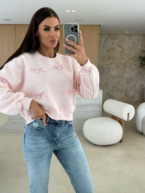 Bluza Excellent z kokardkami pudrowa 