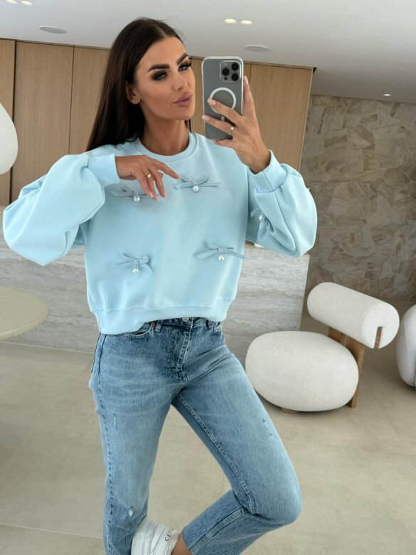 Bluza Excellent z kokardkami błękitna 