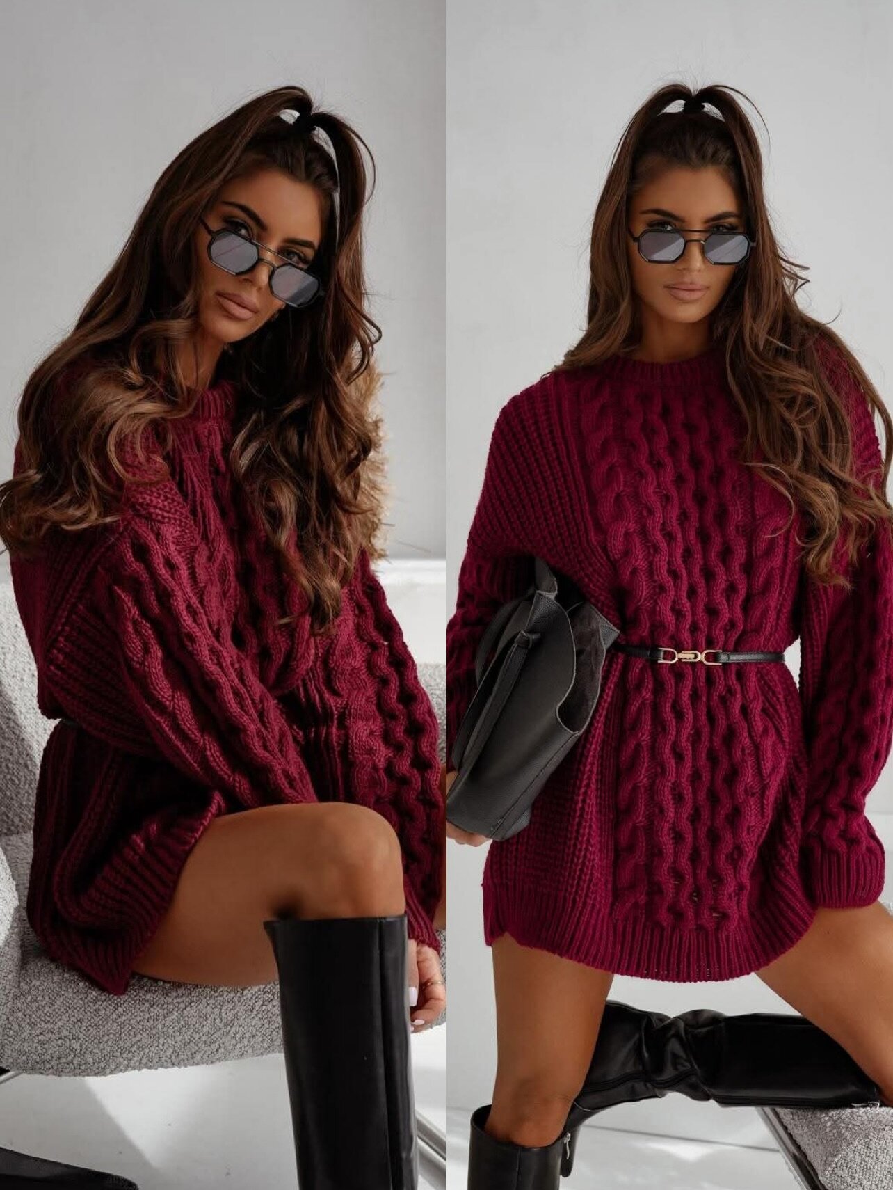 Sweter Caletto long z wełną bordowy