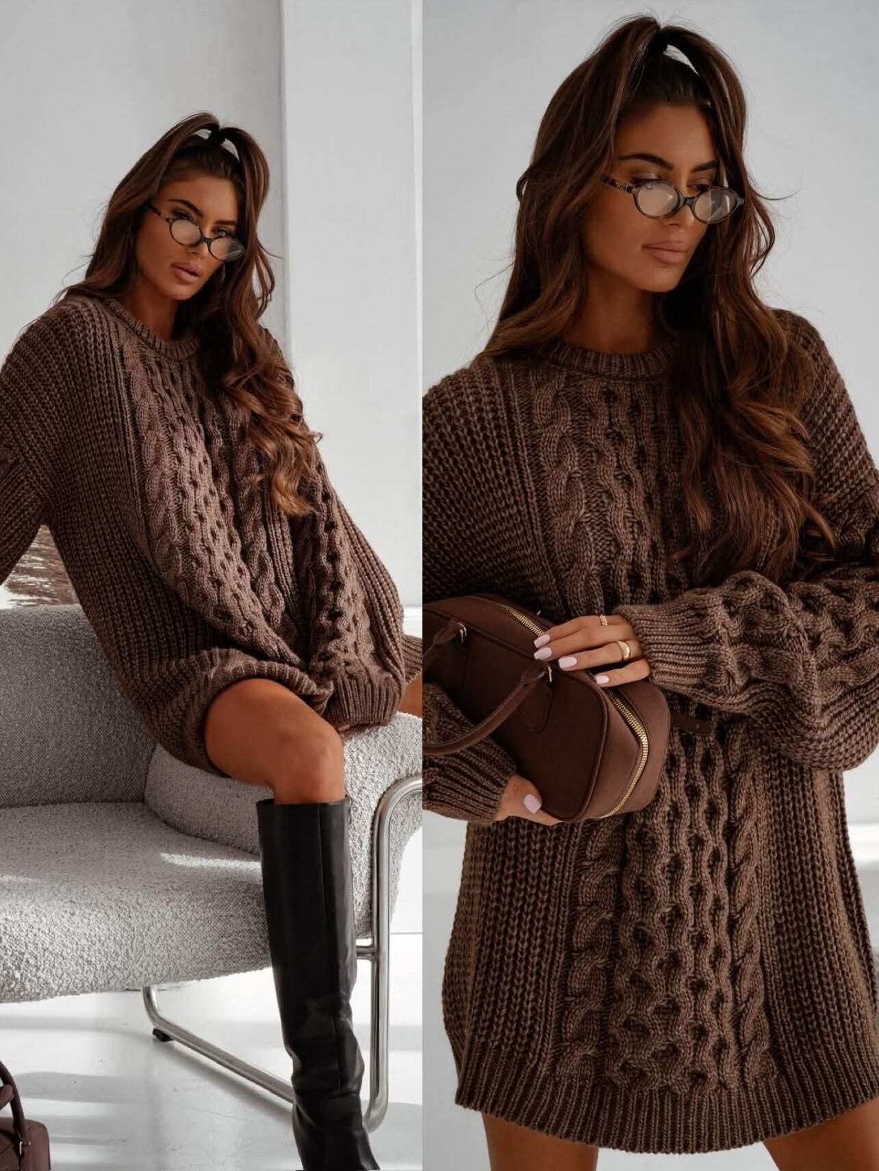 Sweter Caletto long z wełną brązowy 