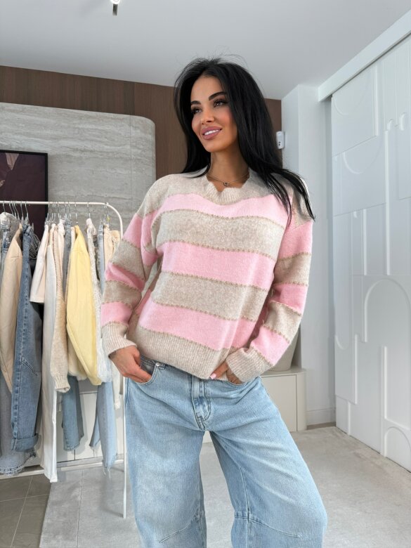 Sweter Violli w paski  beżowo-pudrowy