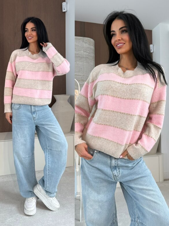 Sweter Violli w paski  beżowo-pudrowy