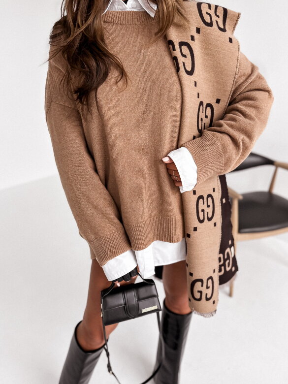 Sweter Bardot wełniany karmelowy 