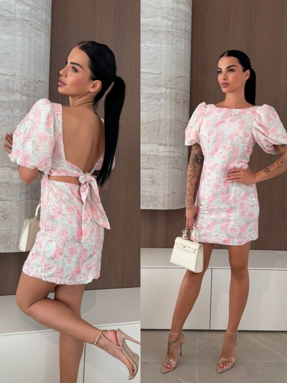 Sukienka Isana mini z cekinami ecru-różowa