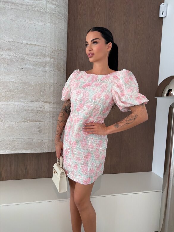 Sukienka Isana mini z cekinami ecru-różowa