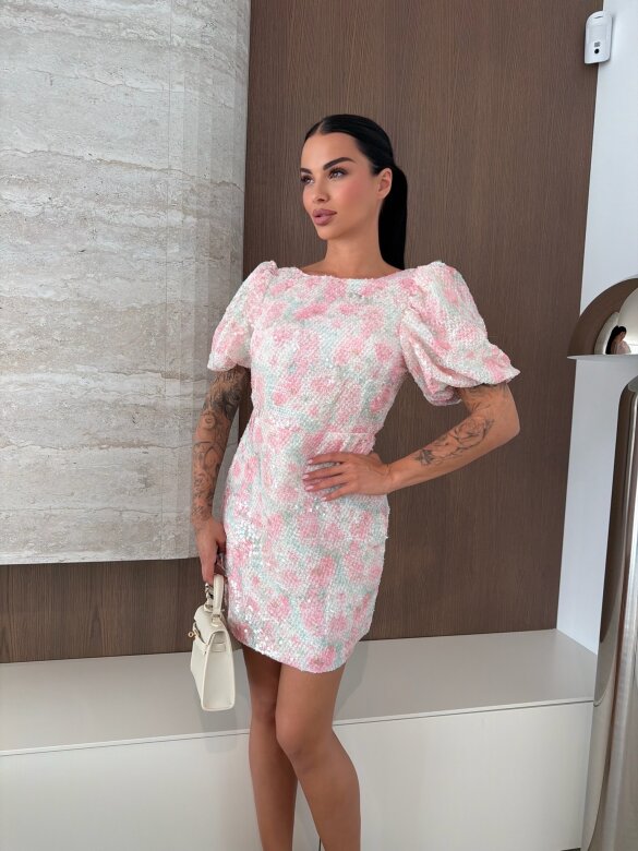 Sukienka Isana mini z cekinami ecru-różowa