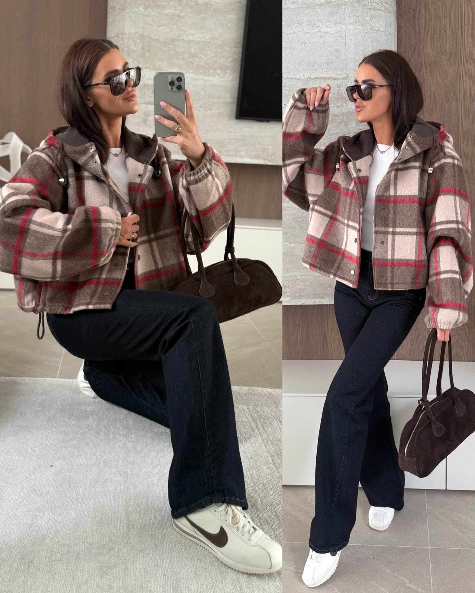 Kurtka Gysso short brązowo-beżowo-czerwona