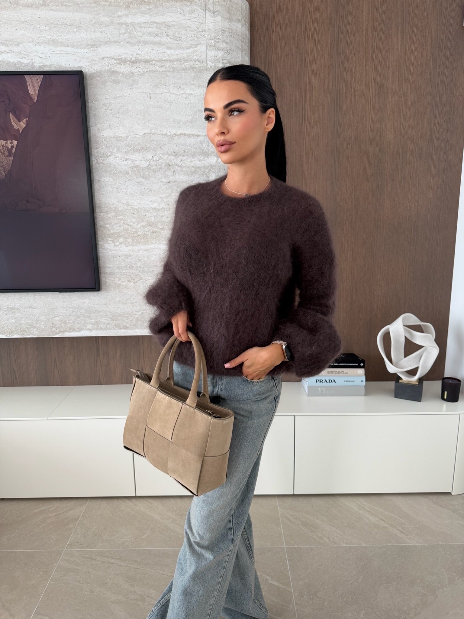 Sweter Jeffrey z moherem 80% czekoladowy 