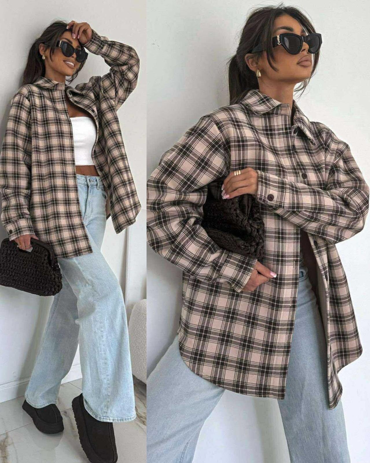 Koszula Calasetta w kratę beżowo-czekoladowa