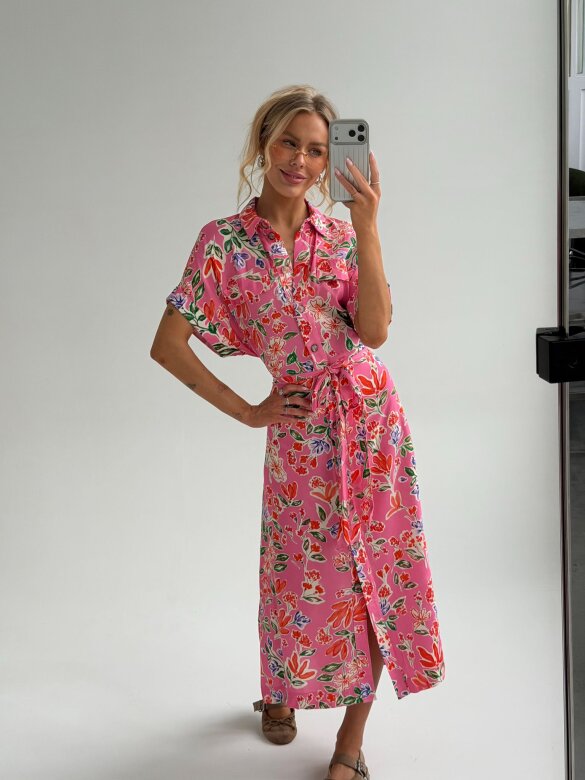 Sukienka Tesla w kwiaty różowo-pomarańczowa