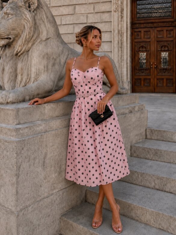 Sukienka Candy Dots z lnem pudrowo-czarna