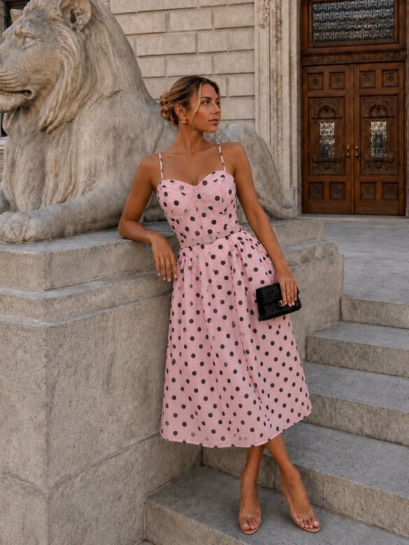 Sukienka Candy Dots z lnem pudrowo-czarna