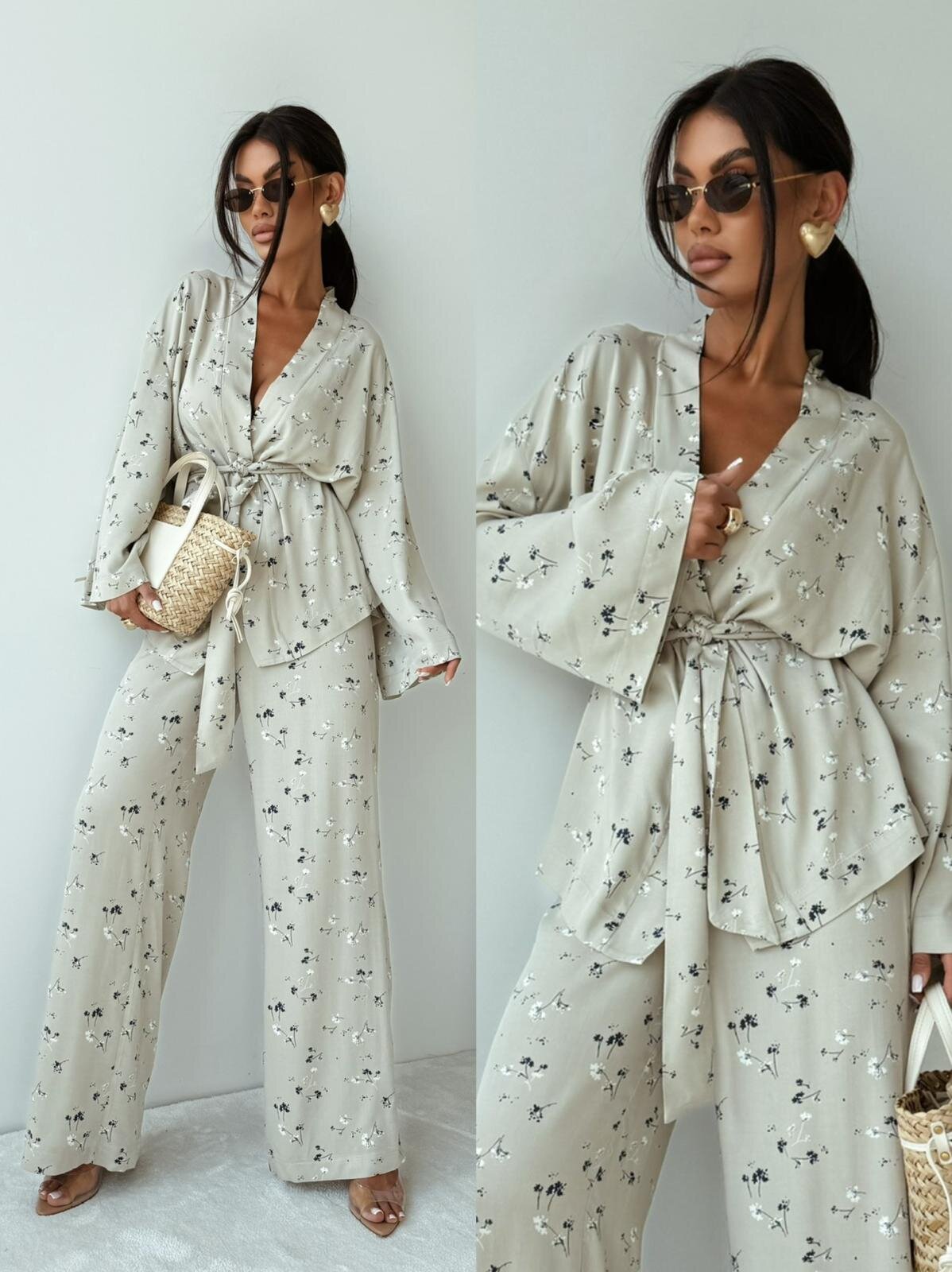 Kimono Sheraton w kwiaty jasnobeżowe 