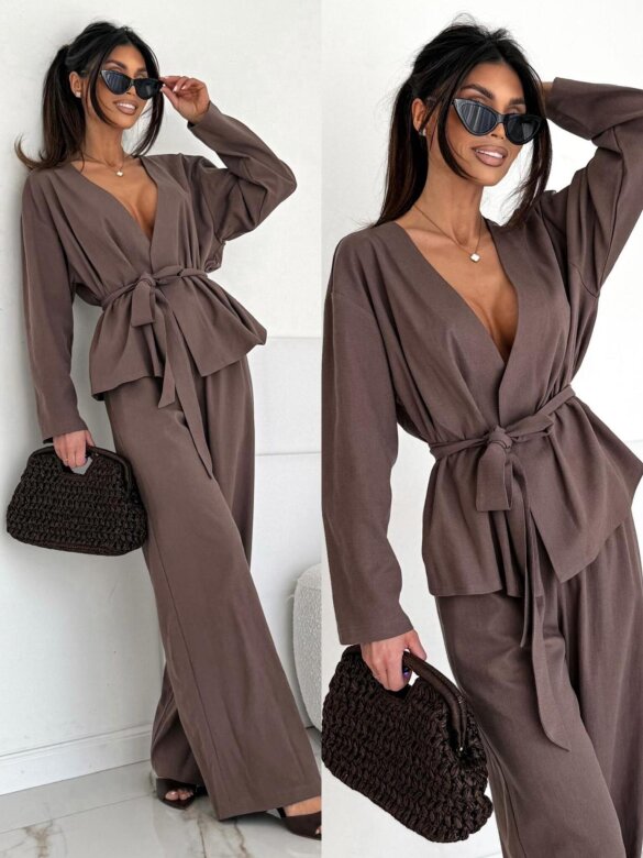 Komplet 2w1 Balero 100% len czekoladowy 