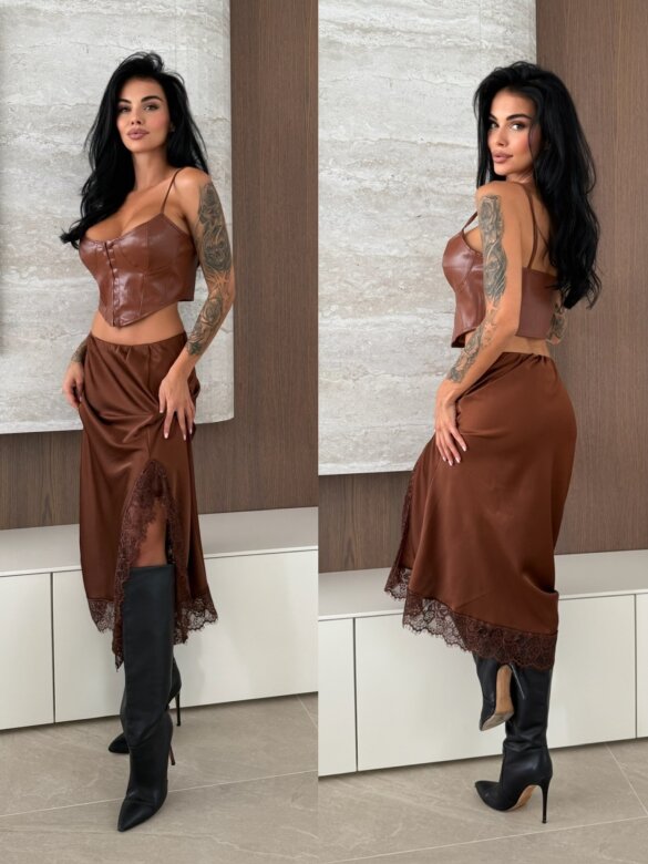 Spódnica Ruvina satynowa z koronką brązowa