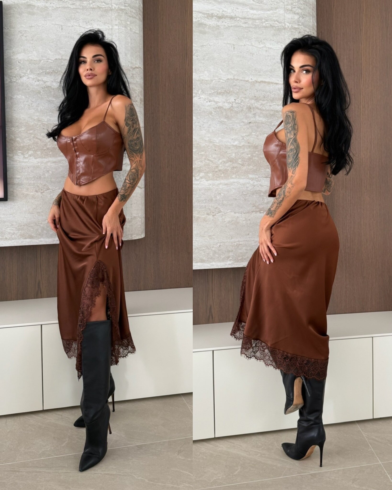 Spódnica Ruvina satynowa z koronką brązowa