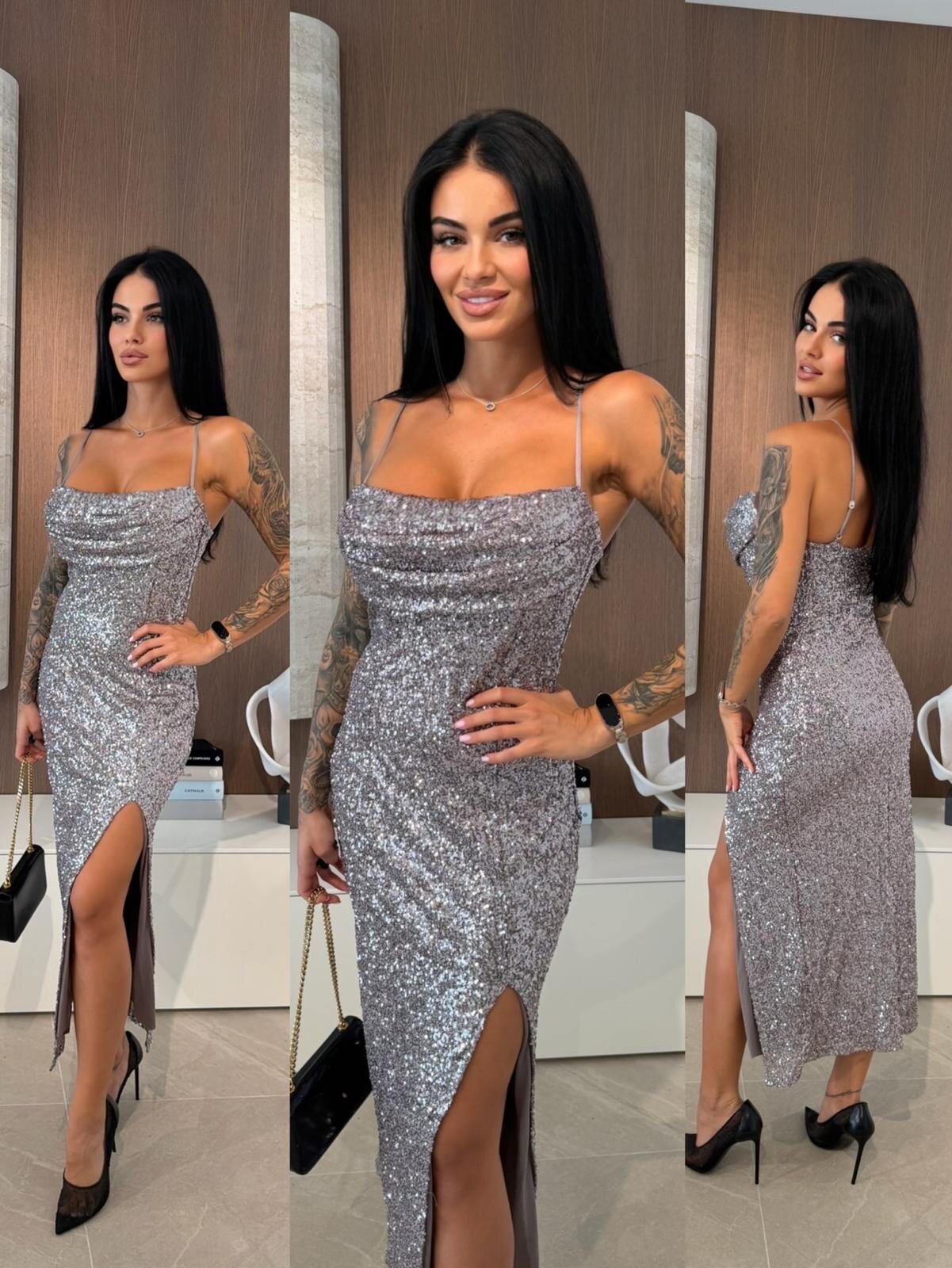 Sukienka Velorra maxi z cekinami srebrna 