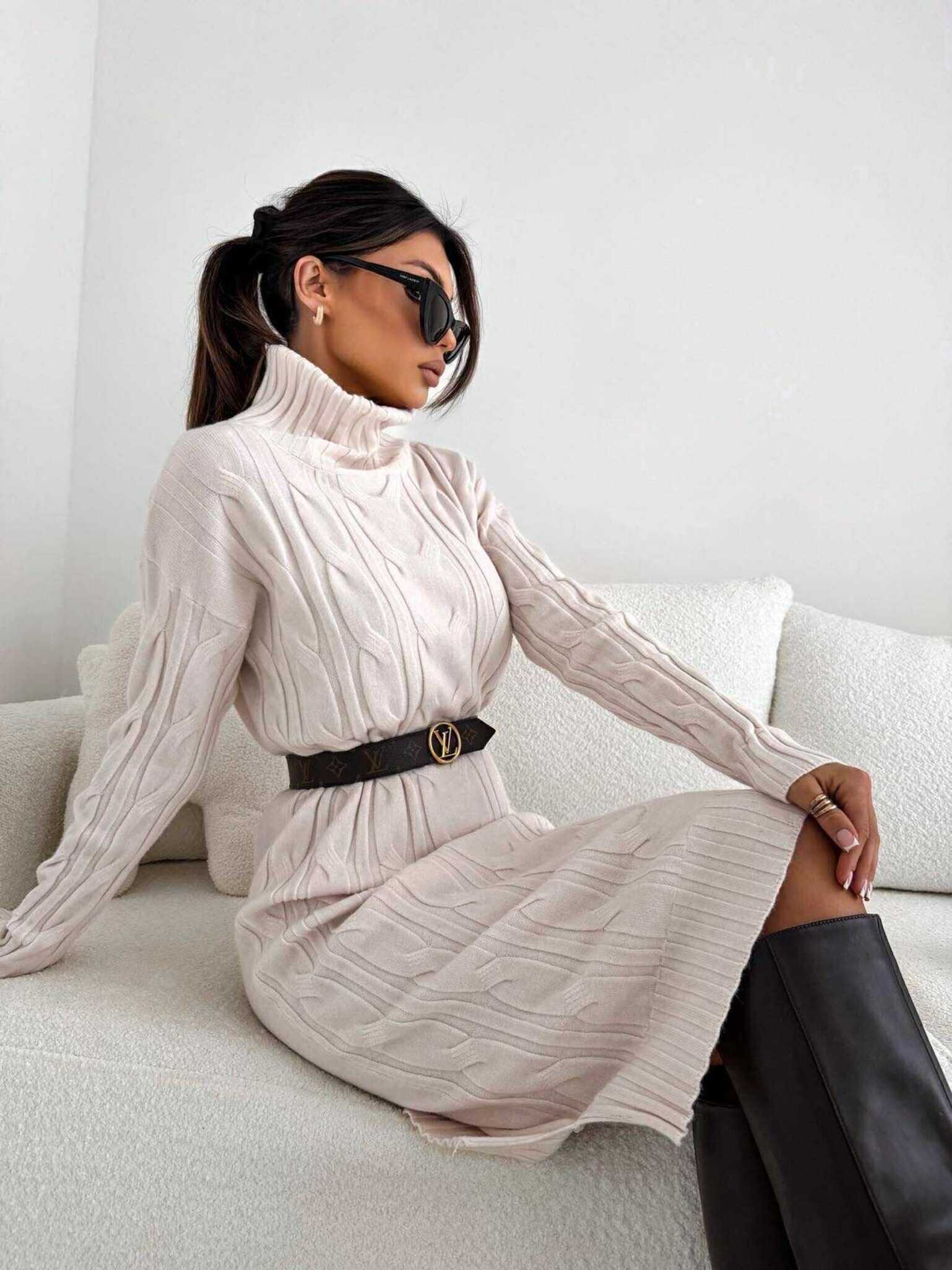 Sukienka Nussi dzianinowa jasnobeżowa 