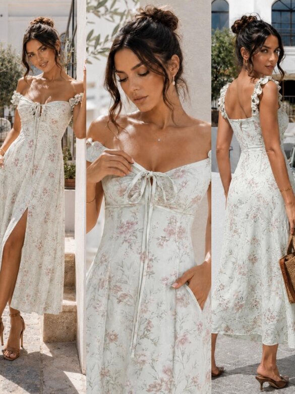 Dress Femme Essence flowers with viscose matcha