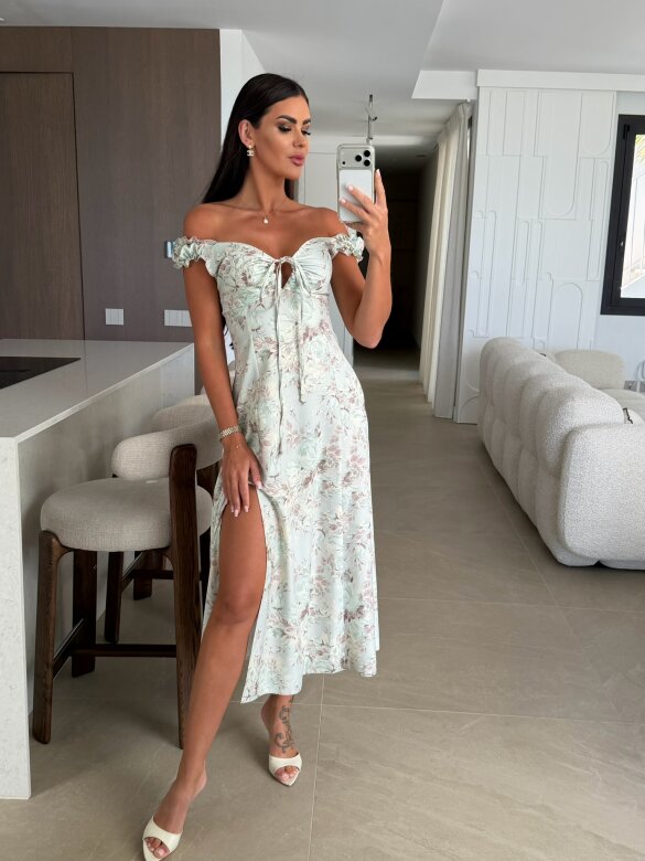 Dress Femme Essence flowers with viscose matcha