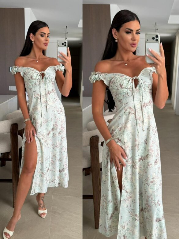 Dress Femme Essence flowers with viscose matcha