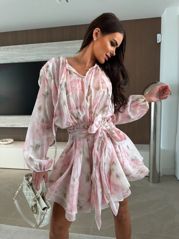 Sukienka Flore z falbanami pudrowa 