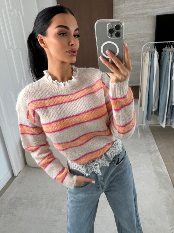 Sweter Joni w paski beżowo-pomarańczowy