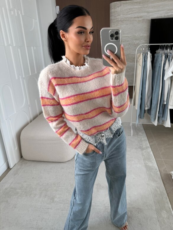 Sweter Joni w paski beżowo-pomarańczowy