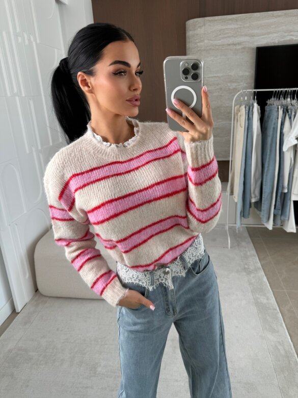 Sweter Joni w paski beżowo-różowy