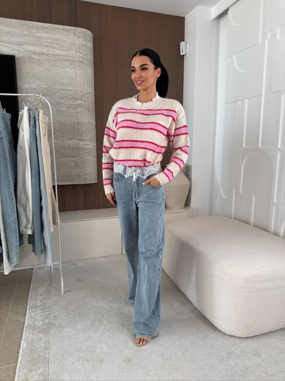 Sweter Joni w paski beżowo-różowy