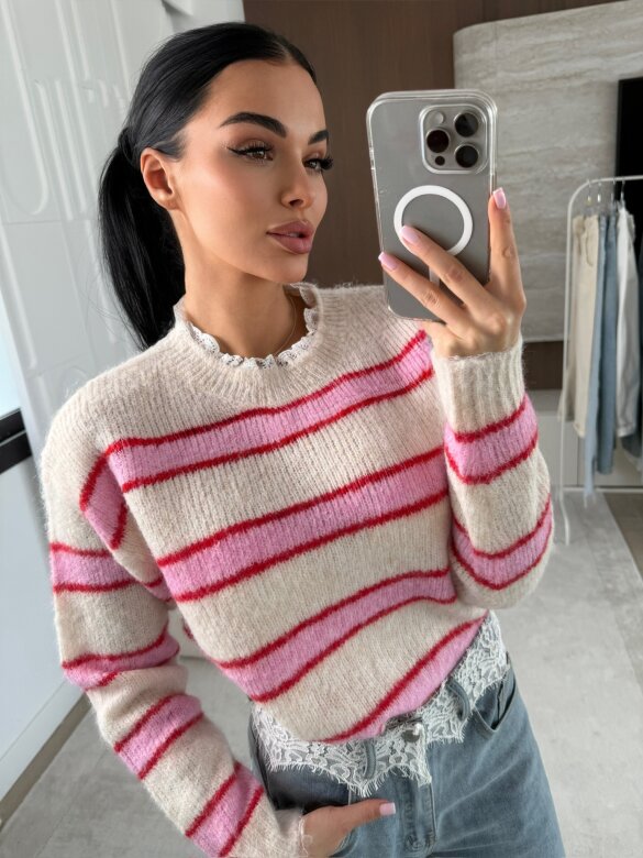 Sweter Joni w paski beżowo-różowy