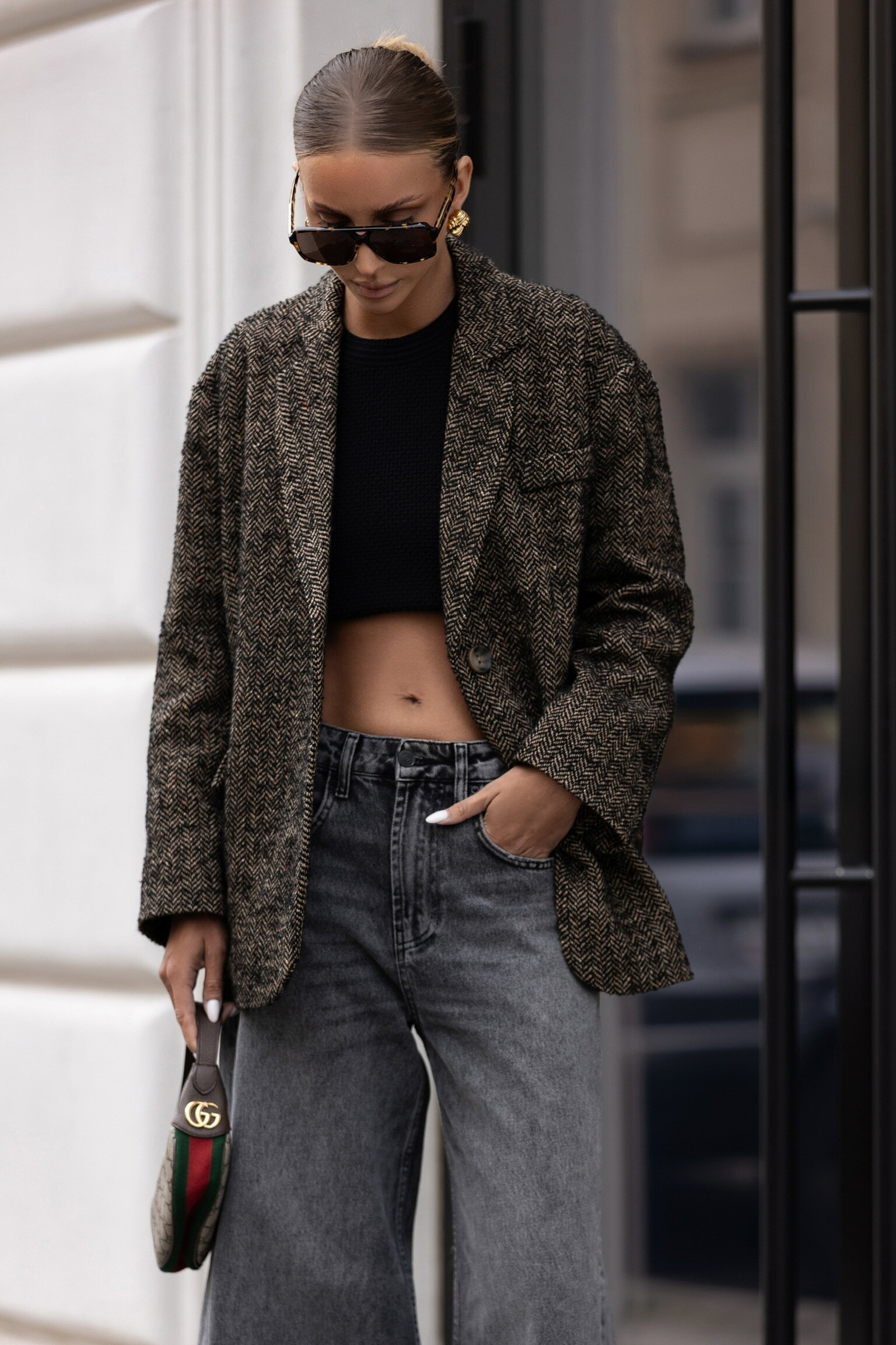 Marynarka Eva w jodełkę czarno-karmelowa