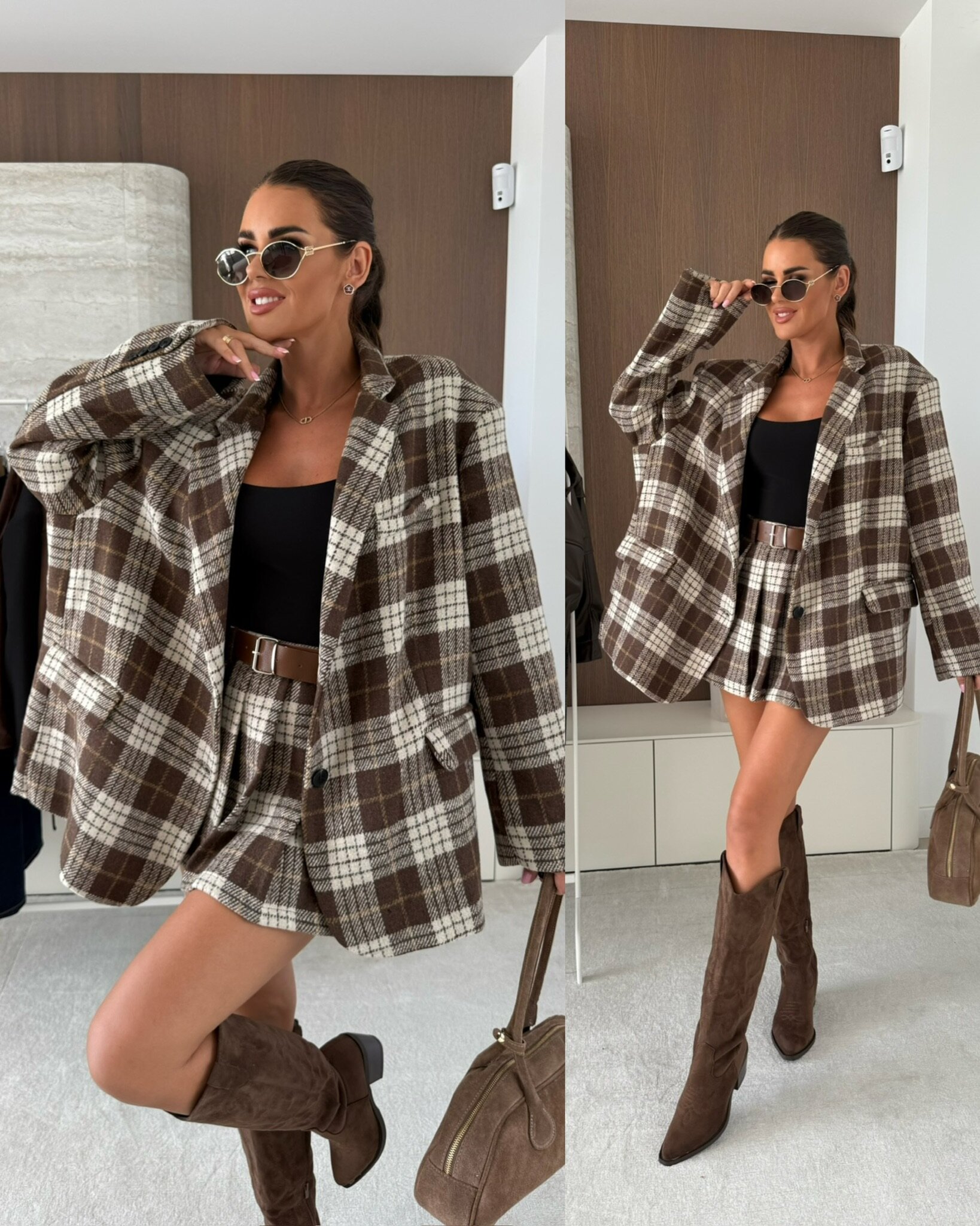 Marynarka Blendis w kratę czekoladowo-ecru