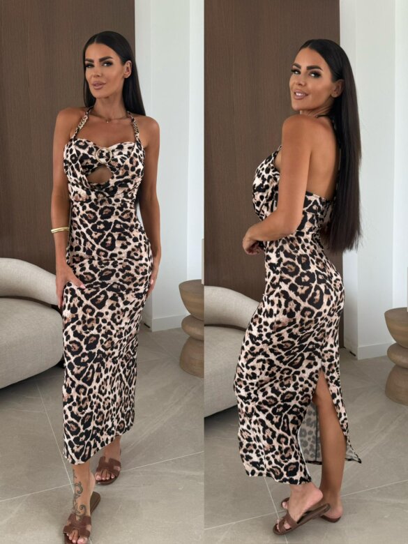 Sukienka Glory maxi animal print beżowo-czarna