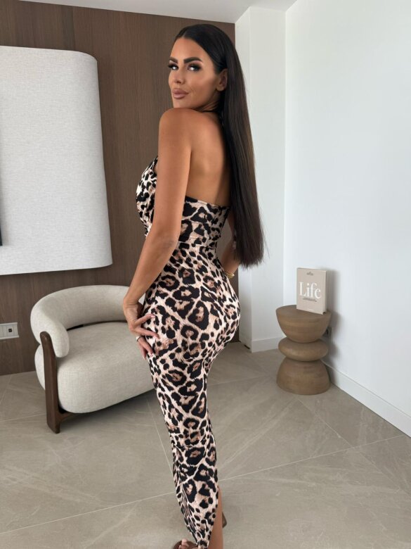 Sukienka Glory maxi animal print beżowo-czarna