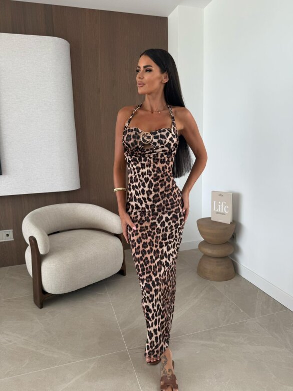 Sukienka Glory maxi animal print czarno-karmelowa